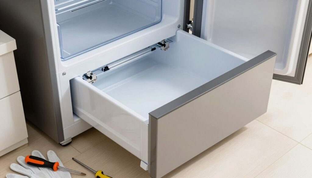A Samsung refrigerator with an open drawer partially removed, showcasing the careful process of disassembly. In the foreground, tools like a screwdriver and a pair of gloves are placed next to the drawer, indicating safety precautions being taken. The middle section features a close-up of the drawer's mechanism, highlighting the clips and hinges involved in the disassembly process. In the background, a well-lit kitchen setting emphasizes a clean and organized space, with soft white light enhancing the task's professionalism. The atmosphere is calm and focused, evoking a sense of diligence and care in handling home appliance maintenance. The angle is slightly top-down, providing a clear view of both the drawer and the tools used. A Samsung refrigerator with an open drawer partially removed, showcasing the careful process of disassembly. In the foreground, tools like a screwdriver and a pair of gloves are placed next to the drawer, indicating safety precautions being taken. The middle section features a close-up of the drawer's mechanism, highlighting the clips and hinges involved in the disassembly process. In the background, a well-lit kitchen setting emphasizes a clean and organized space, with soft white light enhancing the task's professionalism. The atmosphere is calm and focused, evoking a sense of diligence and care in handling home appliance maintenance. The angle is slightly top-down, providing a clear view of both the drawer and the tools used.
