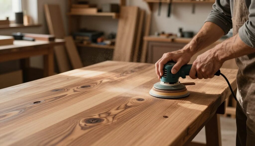 A beautiful, rustic wooden table surface being sanded smooth. In the foreground, a skilled artisan in modest, casual clothing uses an electric sander, focusing on the grain of the wood as fine dust particles gently float in the air, illuminated by soft, warm light. In the middle, the table itself is displayed, showcasing a rich, natural wood texture with visible knots and varying shades of brown. In the background, a cozy workshop setting is seen with shelves filled with woodworking tools and timber, casting soft shadows. The atmosphere is warm and inviting, emphasizing craftsmanship and attention to detail. The scene captures the essence of refinement and preparation for finishing touches.