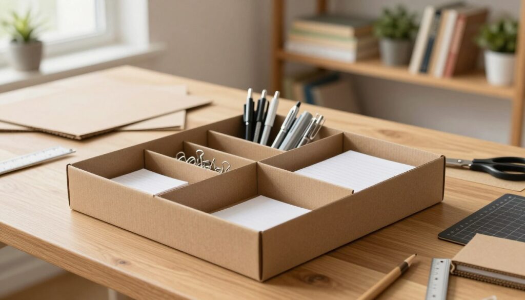 A beautifully arranged cardboard drawer organizer, displayed in a well-lit home office setting. In the foreground, focus on the intricately designed compartments of the organizer, showcasing different sizes for various office supplies like pens, clips, and notepads. The middle section features a wooden desk with materials scattered around, including cardboard sheets, a ruler, scissors, and a cutting mat, suggesting a DIY project in progress. In the background, a soft-focus shelf filled with books and plants adds depth. The warm, natural light from a nearby window creates a cozy atmosphere, enhancing the creative and productive mood of the scene. No text overlays or watermarks are present, allowing for an uninterrupted visual experience.