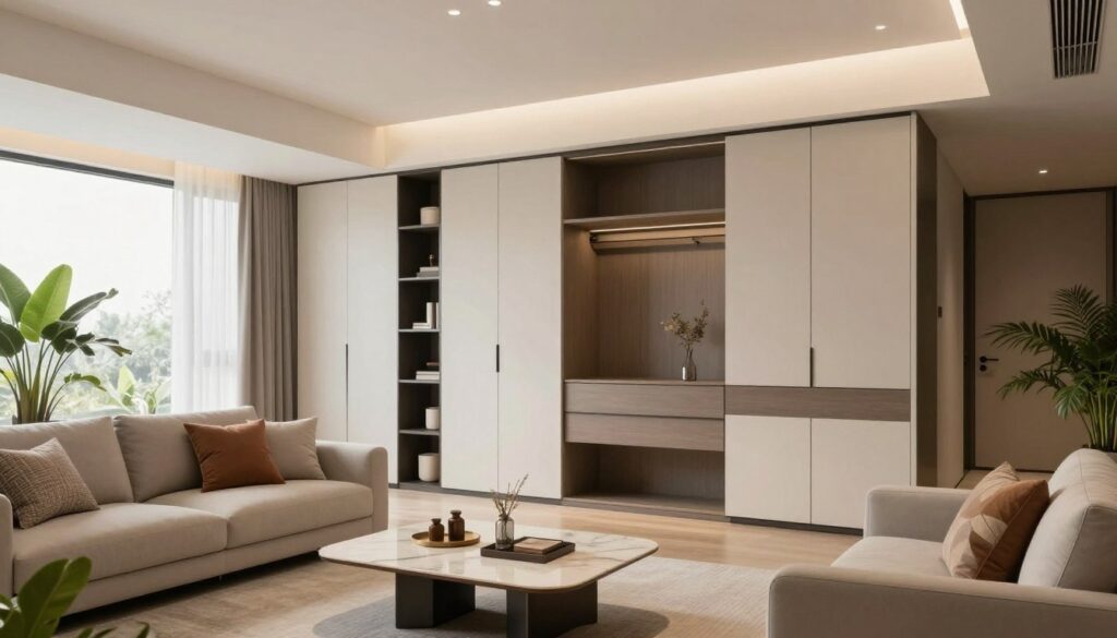 A beautifully arranged living room featuring both small and large spaces, showcasing stylish cabinetry integrated seamlessly into the design. In the foreground, a cozy seating area with modern, elegant furniture, accentuated by soft cushions and a stylish coffee table. The middle ground reveals a sleek wardrobe, incorporated into the room with sophisticated design elements like sliding doors or custom panels that blend with the surrounding decor. The background features large windows allowing natural light to flood the space, enhancing the warm, inviting atmosphere. The color palette consists of neutral tones with pops of greenery from indoor plants. The setting is illuminated with soft, ambient lighting, creating a relaxing mood. The angle captures a balanced view of the room's layout, emphasizing both functionality and aesthetic appeal. A beautifully arranged living room featuring both small and large spaces, showcasing stylish cabinetry integrated seamlessly into the design. In the foreground, a cozy seating area with modern, elegant furniture, accentuated by soft cushions and a stylish coffee table. The middle ground reveals a sleek wardrobe, incorporated into the room with sophisticated design elements like sliding doors or custom panels that blend with the surrounding decor. The background features large windows allowing natural light to flood the space, enhancing the warm, inviting atmosphere. The color palette consists of neutral tones with pops of greenery from indoor plants. The setting is illuminated with soft, ambient lighting, creating a relaxing mood. The angle captures a balanced view of the room's layout, emphasizing both functionality and aesthetic appeal.