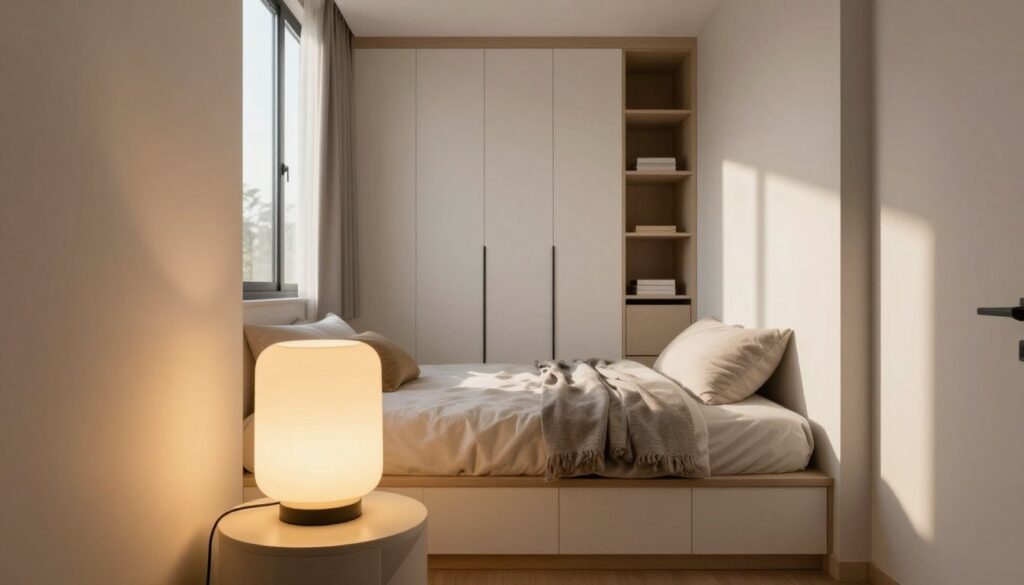 A beautifully arranged small room showcasing smart lighting design. In the foreground, a stylish modern lamp with a warm glow sits on a minimalist side table, casting soft shadows. The middle layer features a neatly made bed with decorative pillows, and next to it, a well-organized wardrobe that emphasizes space-saving storage solutions. In the background, large windows allow natural light to flood in, enhancing the airy feeling of the room. Soft, diffused sunlight interacts with light-colored walls, creating a bright and inviting atmosphere. The overall mood is cozy yet sophisticated, highlighting how effective lighting can transform a compact living space into a luminous haven. The image is shot from a slightly elevated angle, capturing the entire scene harmoniously without any text or distractions.