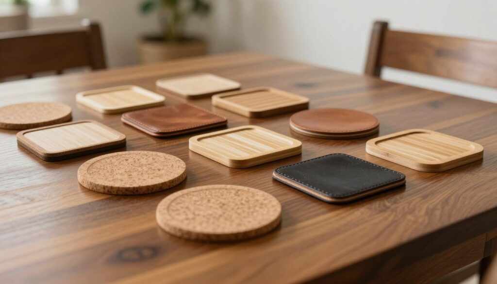 A beautifully arranged wooden dining table set, showcasing an assortment of elegant coasters made from various materials such as cork, leather, and bamboo. The foreground features a close-up view of the coasters, highlighting their unique textures and colors, with soft natural light illuminating their surfaces. In the middle ground, the polished wood of the table reflects the coasters, creating a warm and inviting atmosphere. The background is softly blurred, depicting a cozy dining room setting with warm tones and rustic decor that enhances the overall harmony of the image. The shot is taken from a slightly elevated angle, emphasizing both the coasters and the table's grain, conveying a sense of style and practicality in home decor.