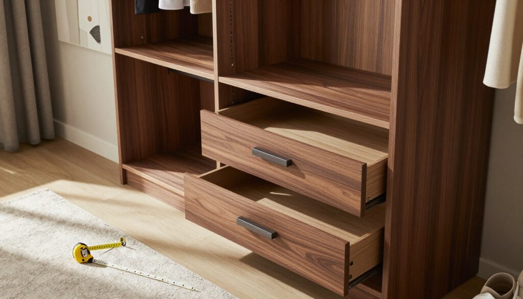 A beautifully designed custom wardrobe with dimensions clearly visible, showcasing a combination of open shelves, drawers, and hanging space. The wardrobe is crafted from rich, dark wood with sleek, modern handles, and features a light color scheme for the interior that highlights the textures. In the foreground, you see a measuring tape laid out, emphasizing the concept of precise measurements. The middle ground includes a stylish home setting, with soft lighting from a nearby window casting warm shadows, creating an inviting atmosphere. In the background, contemporary decor elements like a stylish rug and art on the walls suggest a well-designed space. Capture this image with a slight overhead angle to showcase both the wardrobe's structure and its surroundings, evoking a sense of sophistication and functional design.