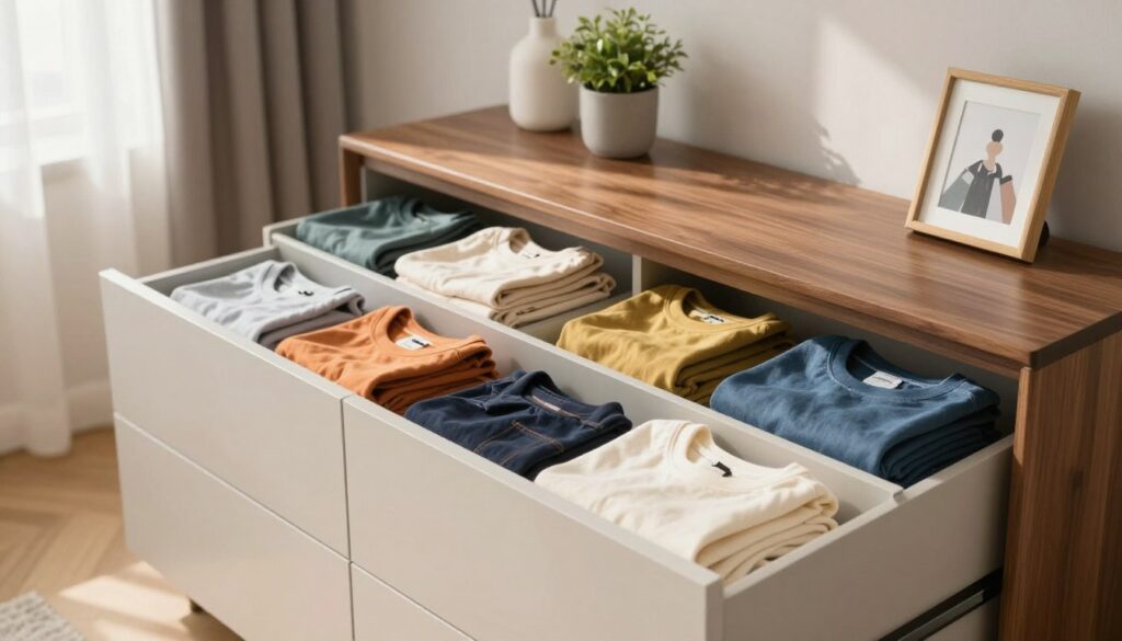 A beautifully organized dresser and drawers in a modern bedroom, the foreground showcases open drawers filled with neatly arranged clothes, color-coordinated and folded with precision. In the middle ground, a stylish wooden dresser with a sleek surface, adorned with minimalist decor like potted plants and a small framed photo, conveys a sense of calm organization. The background features a softly lit room with gentle sunlight streaming through sheer curtains, creating a warm and inviting atmosphere. The mood is serene and inspiring, encouraging a sense of order and efficiency. Emphasize clean lines and a harmonious color palette, ensuring the scene feels both practical and aesthetically pleasing.