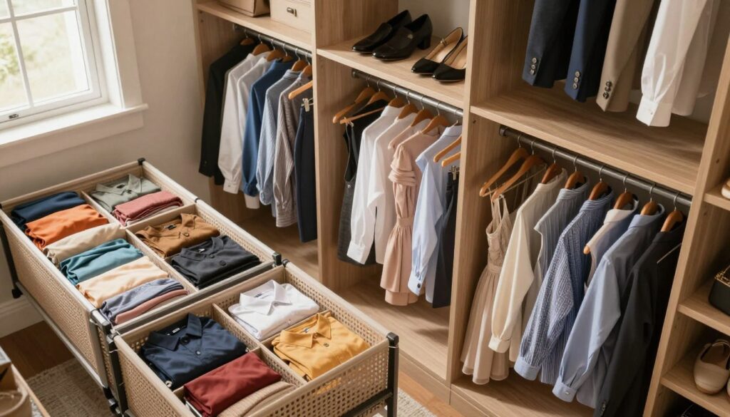 A beautifully organized wardrobe selection scene, featuring a deep closet filled with neatly arranged clothing. In the foreground, showcase open baskets and pull-out organizers displaying folded garments, organized by color and type. The middle layer should include a variety of clothing items on hangers, such as neatly pressed shirts, elegant dresses, and tailored trousers. The background can depict shelves filled with accessories like shoes and bags, all in a well-lit, warm-toned environment that conveys a sense of order and tranquility. Soft natural light filters in from a nearby window, creating a welcoming atmosphere. Use a slightly overhead angle to provide a broad view of the entire wardrobe setup, emphasizing the neat arrangement and inviting design.