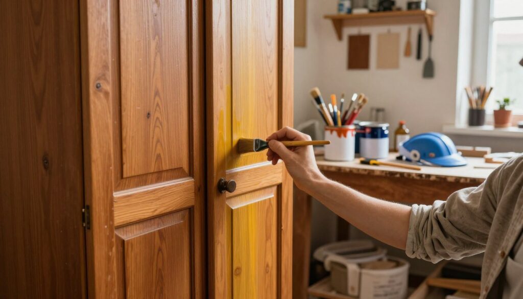 A beautifully restored vintage wardrobe being hand-painted in a workshop setting. In the foreground, a skilled artisan wearing a modest casual outfit is carefully applying a vibrant color to the wardrobe’s surface with a brush. The wood grain is visible, emphasizing the texture of the piece. The middle ground shows various paint cans, brushes, and protective gear neatly arranged, hinting at the careful preparation involved in the painting process. The background features warm, natural lighting filtering through a window, creating a cozy atmosphere. The walls of the workshop are adorned with tools and samples of wood finishes, conveying a sense of craftsmanship and dedication to the restoration project.