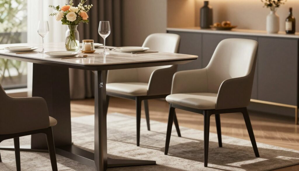 A beautifully set dining table showcasing optimal dining table height for comfort and ergonomics. In the foreground, a sleek, modern table (about 75 cm high) is adorned with elegant dishware and a tasteful centerpiece of flowers. The middle ground features two stylish chairs that are ergonomically designed, placed at a slight angle to highlight their compatibility with the table. In the background, a softly lit dining room with warm, inviting ambiance and elegant decor enhances the overall mood. Natural light filters through a window, casting soft shadows across the table. A high-resolution close-up perspective emphasizes the details of the table and chairs, inviting viewers to consider the balance of aesthetics and functionality.