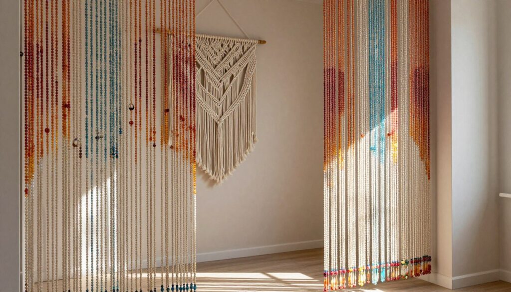 A beautifully styled interior featuring a doorless wardrobe alternative, prominently displaying colorful "koraliki" bead curtains that shimmer with light. In the foreground, thick strands of beads hang gracefully, with the sunlight streaming through them, creating playful light patterns on the floor. In the middle ground, a tastefully arranged macramé piece adds texture and a bohemian feel to the scene, highlighting its unique and artistic design. The background should be a softly lit room with neutral-colored walls and gentle decor, enhancing the charm of the bead curtains. The overall atmosphere is warm and inviting, embodying creativity and practicality in home decor. The image focuses on the bead curtains and macramé art, devoid of any people or text, emphasizing the innovative wardrobe solution.