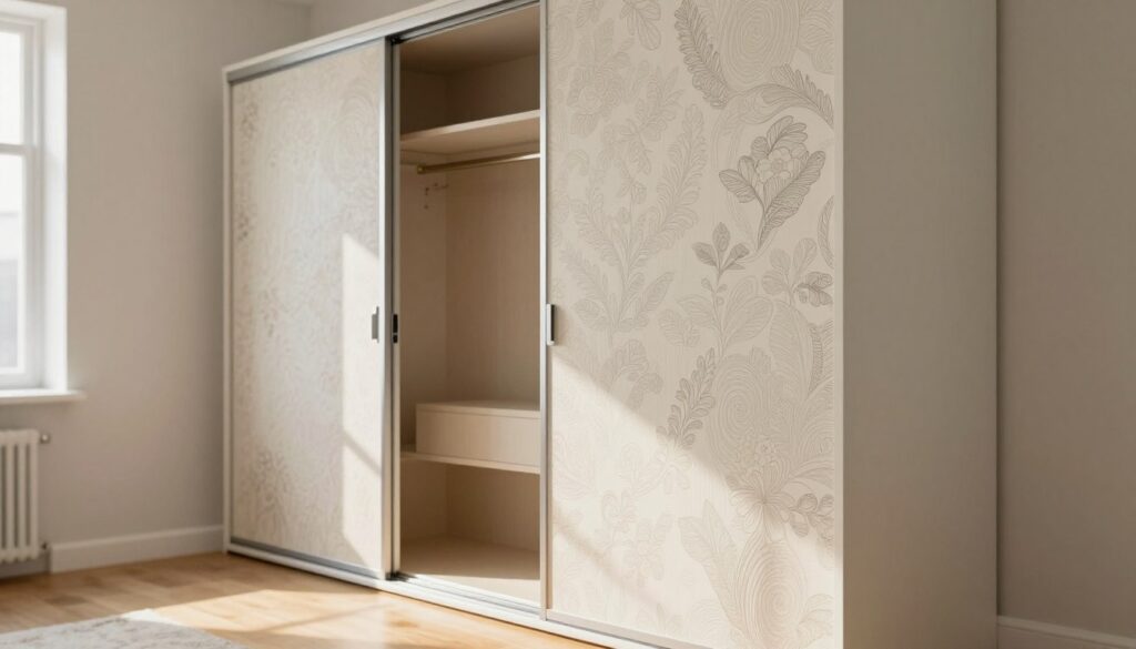 A beautifully transformed sliding wardrobe featuring stylish adhesive wraps and wallpapers on its fronts. The foreground showcases a close-up view of the elegant textures and patterns of the wallpaper, highlighting its intricate design. In the middle ground, the sliding doors are partially open, revealing a neatly arranged interior, bathed in warm and inviting lighting. In the background, a softly decorated room with neutral walls and light wood flooring creates a cozy atmosphere. The scene is framed by natural sunlight filtering in through a nearby window, casting gentle shadows and enhancing the visual appeal. The overall mood is fresh, modern, and inspiring, capturing the essence of a quick yet impactful metamorphosis in home decor.