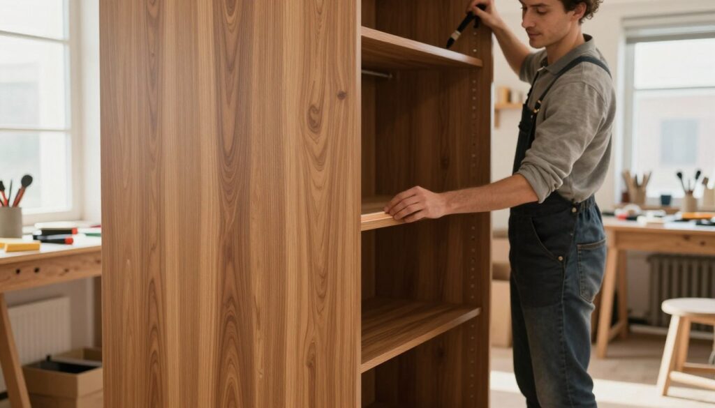 A beautifully transformed wardrobe with a new veneer finish, showcasing a smooth, glossy surface in warm wood tones, illuminated by soft, natural light streaming through a nearby window. The foreground features a close-up of the newly applied okleiny, highlighting its texture and grain. In the middle, a person dressed in professional casual attire is carefully smoothing the edge of the wardrobe with a tool, demonstrating the process of applying the veneer. The background reveals a cozy, well-organized workshop filled with tools and materials for furniture restoration, creating an inviting and productive atmosphere. The overall mood is one of creativity and transformation, emphasizing the potential of furniture renewal without painting.