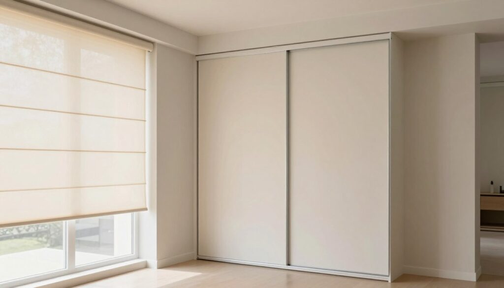 A bright and airy interior space featuring elegant roller blinds in soft pastel colors. In the foreground, focus on a stylish window with smoothly drawn, pleated roller shades, elegantly framing the scene. In the middle ground, a contemporary wardrobe with sliding panels, contrasting nicely with the soft textures of the blinds. The background showcases a minimalist room design with neutral tones, natural light streaming through the window. The atmosphere is calm and organized, suggesting a sense of order without taking up space. The image is captured with a wide-angle lens to emphasize the room's openness and tranquility, highlighting the functionality and aesthetics of roller blinds as a modern closet door alternative.