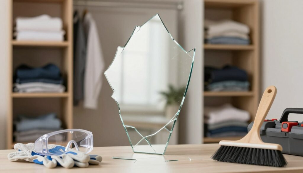 A broken mirror with sharp, jagged edges is the central focus, reflecting soft, diffused light to highlight its fractured surface. In the foreground, an elegantly arranged tool kit, featuring gloves, safety goggles, and a small broom, conveys an atmosphere of safety and preparedness. The middle ground shows a partially open wardrobe with the broken mirror inside, surrounded by neatly folded clothing and clean wooden shelves, evoking an organized space. The background features a softly lit room with warm, neutral tones, enhancing the feeling of comfort and caution. The overall mood is serious yet calm, emphasizing the importance of safety when dealing with broken glass.