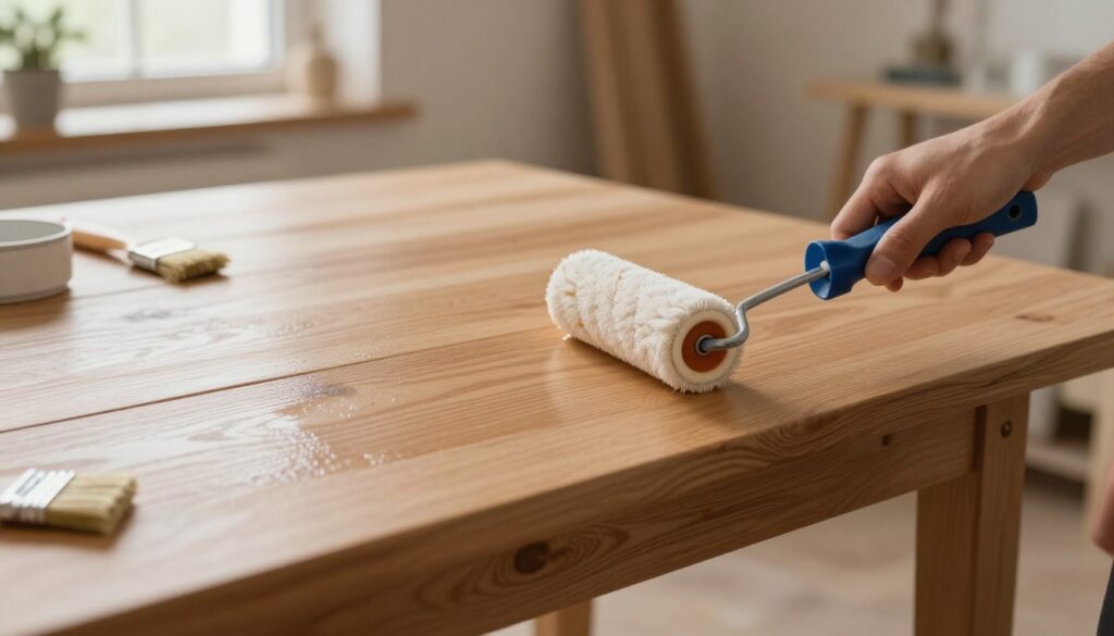 A carefully staged image of a wooden table being painted, showcasing the painting technique with a focus on tools like a paint roller and precision brushes. In the foreground, a hand applies a smooth coat of paint with a roller, demonstrating even strokes, while a small brush details the edges. The middle ground captures the table's surface, accented by a shining finish that highlights the wood grain, showcasing the renovation process without visible streaks. The background features a soft-lit workshop environment with warm wood tones, emphasizing a cozy, productive atmosphere. Natural light filters through a nearby window, illuminating the scene with a gentle glow, creating a serene and focused working mood. A carefully staged image of a wooden table being painted, showcasing the painting technique with a focus on tools like a paint roller and precision brushes. In the foreground, a hand applies a smooth coat of paint with a roller, demonstrating even strokes, while a small brush details the edges. The middle ground captures the table's surface, accented by a shining finish that highlights the wood grain, showcasing the renovation process without visible streaks. The background features a soft-lit workshop environment with warm wood tones, emphasizing a cozy, productive atmosphere. Natural light filters through a nearby window, illuminating the scene with a gentle glow, creating a serene and focused working mood.