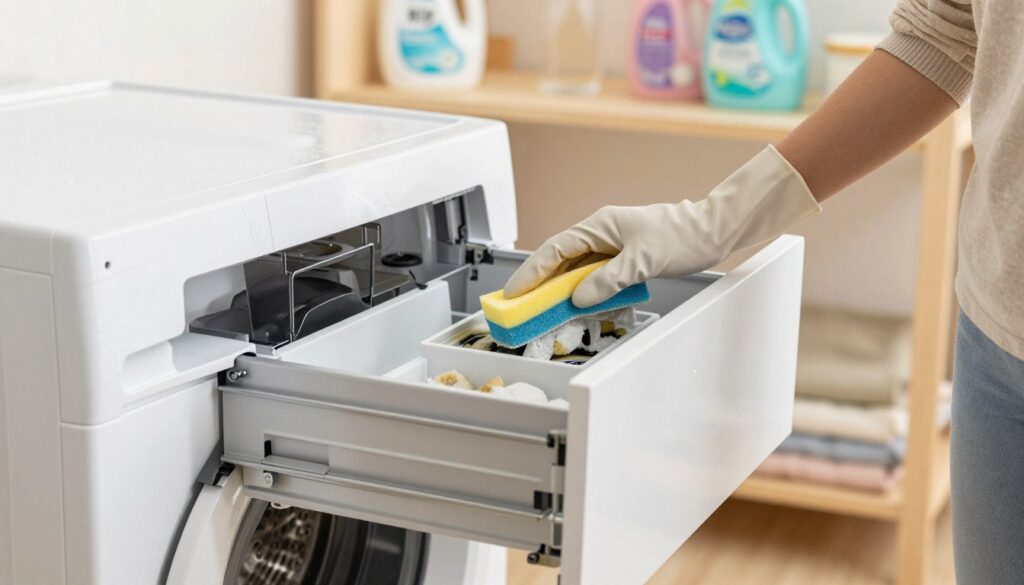 A clean and organized laundry room focused on a washing machine drawer being cleaned. In the foreground, a person wearing casual, modest clothing is intently scrubbing the detergent compartment, revealing signs of mold and residue. Their hands are gloved, and the drawer is partially removed, showcasing its internal mechanism. In the middle, the washing machine appears sleek and modern, with water droplets on the outer surface, hinting at recent cleaning efforts. The background features warm, inviting lighting that creates a clean atmosphere with neatly stacked laundry supplies on shelves, emphasizing cleanliness. Soft-focus elements like colorful detergents add a vibrant touch to the scene, reinforcing the mood of freshness and practicality. The overall composition conveys a sense of attention to detail and maintenance in home care.