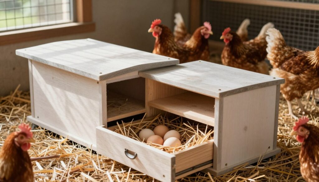 A clean and well-organized chicken nesting box setup, showcasing hygiene practices for poultry. In the foreground, a newly constructed nesting box with a pull-out drawer, designed for easy cleaning, is filled with fresh straw and a few eggs. The middle ground features healthy chickens comfortably nestled within the boxes, displaying a relaxed posture, hinting at well-maintained living conditions. The background includes a tidy chicken coop environment with proper ventilation and natural light streaming in, illuminating the scene. Soft, warm lighting enhances the atmosphere, conveying a sense of care and cleanliness. The angle is slightly elevated, capturing the nesting boxes from above to emphasize their design and cleanliness, promoting a healthy habitat for the birds.