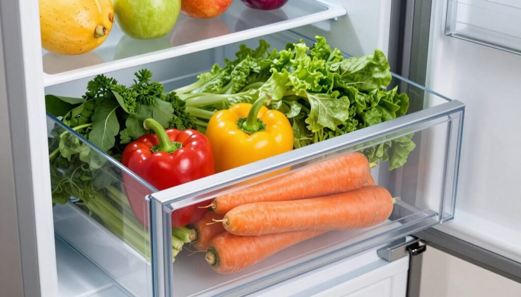 A clean, organized refrigerator interior featuring a clear, open Indesit drawer filled with vibrant, fresh vegetables like bell peppers, carrots, and leafy greens. The drawer is pulled out partially, displaying its smooth rails and clean surfaces, highlighting the maintenance aspect. Soft, natural light illuminates the scene from above, casting gentle shadows that emphasize the textures of the vegetables and the glossy surfaces of the refrigerator. In the background, a neatly arranged assortment of fruits can be seen, adding a pop of color without overshadowing the main focus. The overall atmosphere conveys a sense of freshness and cleanliness, ideal for an instructional article about refrigerator maintenance.