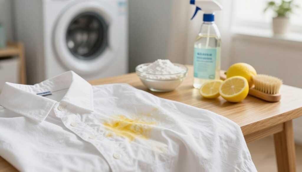 A close-up composition of a white shirt with noticeable yellow stains on the fabric, prominently featured in the foreground. The middle section includes a wooden table with various home remedies displayed, such as a bowl of baking soda, a spray bottle of vinegar, lemon slices, and a brush, all arranged thoughtfully. The background is softly blurred, depicting a cozy laundry room with light streaming in through a window, creating a warm and inviting atmosphere. The image is well-lit with natural light, emphasizing the textures of the shirt and the cleaning items. The overall mood is practical and hopeful, showcasing solutions to effectively remove yellow stains and restore the shirt’s whiteness, inviting the viewer to explore the remedies presented.