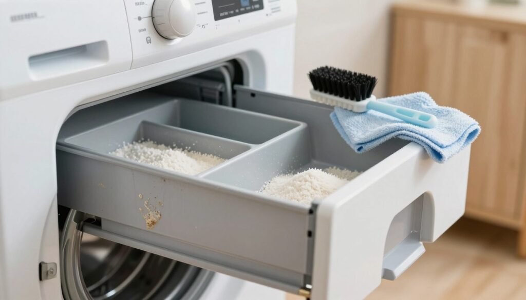 A close-up of a washing machine's detergent drawer, partially pulled out, revealing common issues like stuck compartments and spilled detergent. The foreground features detailed textures of the drawer, highlighting residue and blockages. In the middle, tools such as a small brush and a soft cloth are placed neatly beside the machine, suggesting cleaning solutions. The background displays a slightly blurred laundry room setting, with warm, inviting lighting to create a practical yet approachable atmosphere. The angle captures the viewer's attention straight on, making the problems in the drawer evident, while maintaining a clean and organized appearance. The overall mood is informative and constructive, encouraging easy troubleshooting.