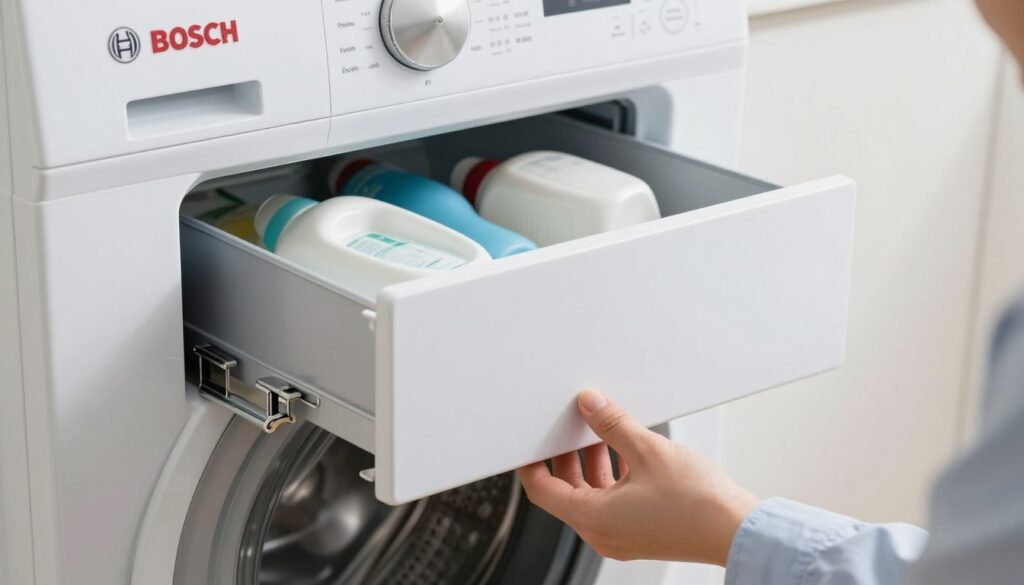 A close-up view of a Bosch washing machine, specifically focusing on the detergent drawer that appears slightly stuck. The drawer is partially open, revealing an assortment of cleaning products inside, such as liquid detergent and fabric softener. In the foreground, a hand in professional attire gently applies pressure to the drawer, showcasing the technique used to unlock it without breaking the clips. Soft, diffused lighting highlights the sleek, modern design of the washing machine, emphasizing its metallic finish and minimalist features. The background is softly blurred to keep the focus on the drawer and the hand, creating a calm and informative atmosphere, perfect for illustrating a troubleshooting section on appliance issues.
