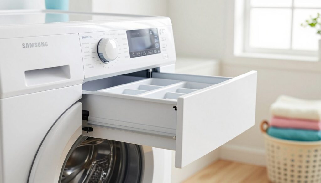 A close-up view of a Samsung washing machine with its detergent drawer being carefully removed. The image focuses on the sleek, modern design of the washing machine, showcasing its branded logo. The drawer is partially pulled out, revealing compartments for detergent and fabric softener, with a clean and organized look. The setting is well-lit with soft natural light coming from a nearby window, creating a bright and inviting atmosphere. In the background, a tidy laundry room with peeks of colorful laundry baskets and neatly folded towels adds context without cluttering the focus. Use a slightly low angle to emphasize the action of removing the drawer, capturing a sense of clarity and detail in the process.