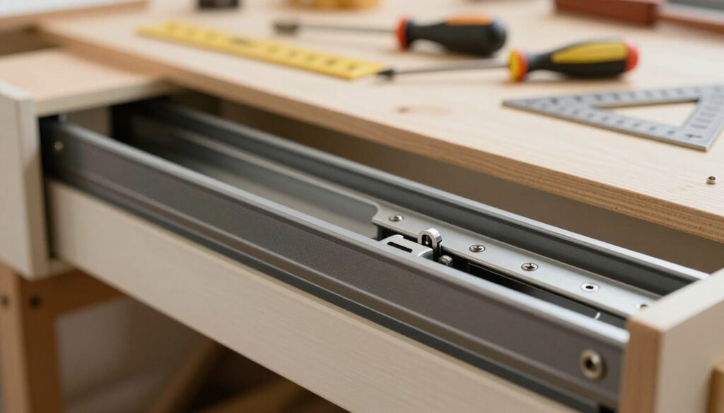 A close-up view of a drawer with partially installed sliding rails (prowadnice) on both sides. In the foreground, focus on the detailed mechanics of the rails, showcasing their gliding mechanisms and adjustment screws, highlighting common issues such as misalignment. The background features a soft-focus workshop environment with tools like a screwdriver and a carpenter's square visible on a workbench. Use warm, natural lighting to create a welcoming atmosphere, suggesting an active DIY project. The image should be taken from a slightly elevated angle to capture both the drawer and the surrounding workspace, emphasizing a professional setting free of clutter, evoking a sense of practical problem-solving. Ensure the scene is safe for work and devoid of any distractions or text. A close-up view of a drawer with partially installed sliding rails (prowadnice) on both sides. In the foreground, focus on the detailed mechanics of the rails, showcasing their gliding mechanisms and adjustment screws, highlighting common issues such as misalignment. The background features a soft-focus workshop environment with tools like a screwdriver and a carpenter's square visible on a workbench. Use warm, natural lighting to create a welcoming atmosphere, suggesting an active DIY project. The image should be taken from a slightly elevated angle to capture both the drawer and the surrounding workspace, emphasizing a professional setting free of clutter, evoking a sense of practical problem-solving. Ensure the scene is safe for work and devoid of any distractions or text.