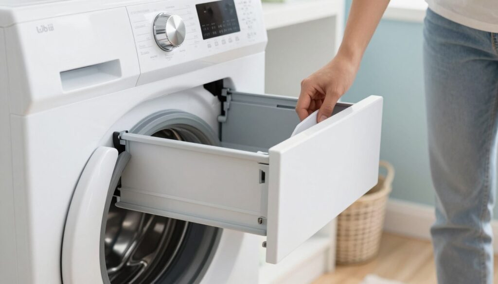 A close-up view of a modern washing machine with its detergent drawer partially pulled out, revealing its inner compartments. The foreground highlights a clean, white washing machine with chrome accents, emphasizing the sleek design. The middle section shows a person wearing modest casual clothing, demonstrating the process of removing the detergent drawer with careful attention. Soft, natural lighting creates a bright and inviting atmosphere, enhancing the clarity of the image. In the background, a simple laundry room setting with muted colors, such as pale blue walls and a few baskets, maintains focus on the washing machine while adding context to the scene. The angle is slightly tilted to capture depth, creating an engaging perspective on the task at hand.