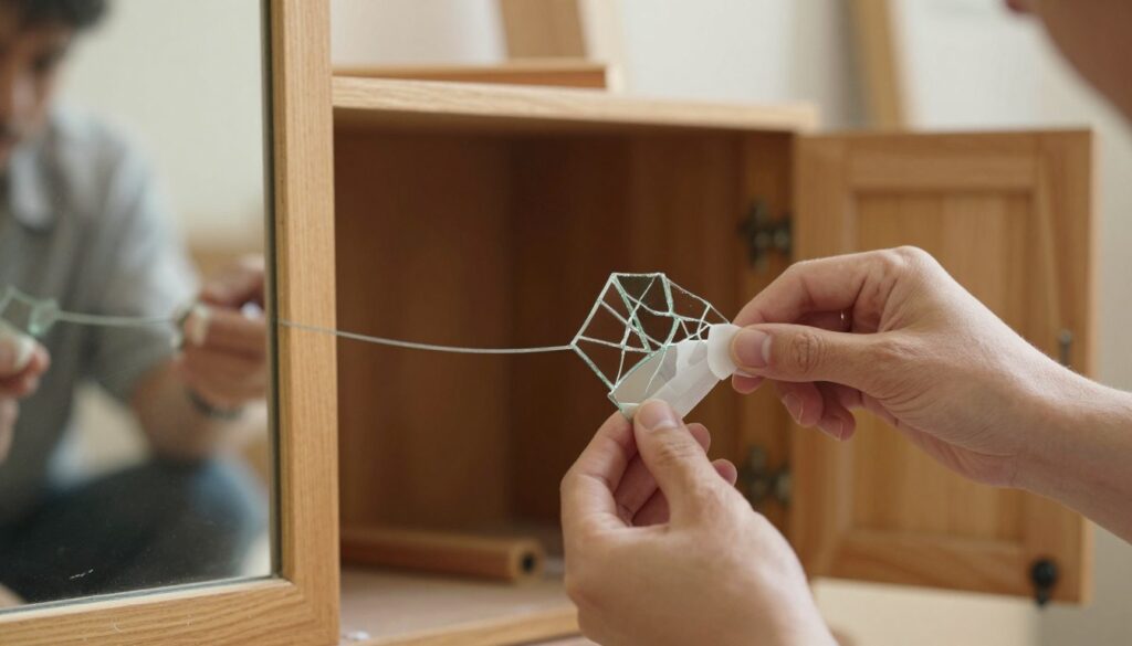 A close-up view of a partially cracked mirror being repaired, featuring a person in modest casual clothing applying glass adhesive to the broken edges. The foreground captures their focused hands delicately handling the mirror piece, with clear depiction of the adhesive and the crack’s jagged surface. In the middle ground, a wooden cabinet with a slightly opened door showcases the mirror’s frame, emphasizing the need for repair. The background is softly blurred to suggest a cozy, well-lit room, with warm lighting that enhances the reflective quality of the glass. The atmosphere conveys a sense of DIY effort and care, highlighting the urgency and practicality of quick fixes for household items.