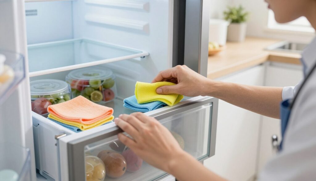 A close-up view of a person carefully cleaning the interior of a Samsung refrigerator drawer, showcasing detailed items like cleaning cloths and sprays. In the foreground, the person is wearing professional attire, focused on the task of removing grime and organizing frozen foods. The middle ground features the refrigerator's cleaned and organized drawer, with bright, clean surfaces and neatly arranged food items. The background shows the modern kitchen setting, softly lit by natural light coming through a nearby window, creating a bright and inviting atmosphere. The mood conveys cleanliness and organization, with a focus on maintenance and care. A close-up view of a person carefully cleaning the interior of a Samsung refrigerator drawer, showcasing detailed items like cleaning cloths and sprays. In the foreground, the person is wearing professional attire, focused on the task of removing grime and organizing frozen foods. The middle ground features the refrigerator's cleaned and organized drawer, with bright, clean surfaces and neatly arranged food items. The background shows the modern kitchen setting, softly lit by natural light coming through a nearby window, creating a bright and inviting atmosphere. The mood conveys cleanliness and organization, with a focus on maintenance and care.