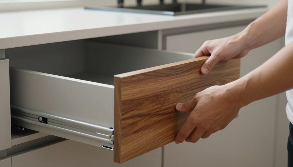 A close-up view of a person carefully demonstrating how to remove a drawer from a quiet glide system in a sleek, modern kitchen setting. The focus is on their hands gripping the drawer's sides, illustrating the delicate motion of pulling it out. The drawer is partially extended, showing a smooth, silent runner underneath. The background features soft, natural lighting coming from a nearby window, highlighting the polished wood grain of the drawer and sleek cabinetry. The atmosphere is calm and focused, emphasizing precision and technique in this DIY task. The scene is devoid of clutter, ensuring the process stands out clearly without distractions.