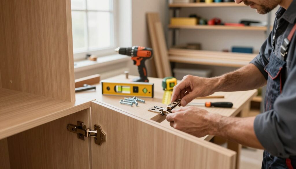 A close-up view of a professional carpenter skillfully installing the hinges on a set of wardrobe doors. The carpenter, dressed in professional work attire, concentrates on aligning the hinges with a level tool, ensuring precision. In the foreground, a wooden wardrobe door, partially opened, reveals clean lines and smooth edges. In the middle ground, tools such as a drill, screws, and a measuring tape are neatly arranged, emphasizing an organized workspace. Soft, natural light filters through a nearby window, creating a warm, inviting atmosphere. In the background, shelves filled with tools and wood materials suggest a workshop environment. The focus should be on the meticulous process of mounting, showcasing techniques for proper alignment and functionality without scraping or slamming.