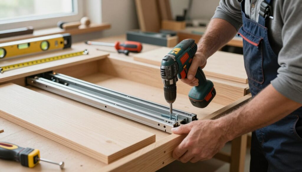 A close-up view of a professional tradesperson, a middle-aged Caucasian man dressed in smart casual attire, demonstrating the installation of drawer slides in a well-lit workshop. In the foreground, focus on his hands holding a power drill and a measuring tape, with marked wooden drawer components laid out on a workbench. The middle ground captures the drawer slides aligned precisely against the drawer's side, showcasing the mounting holes and screws ready to be inserted. In the background, various tools like a level, screwdrivers, and a workbench cluttered with additional materials hint at an organized workshop environment. Soft, natural lighting filters through a nearby window, creating a focused, productive atmosphere that conveys expertise in this practical task. A close-up view of a professional tradesperson, a middle-aged Caucasian man dressed in smart casual attire, demonstrating the installation of drawer slides in a well-lit workshop. In the foreground, focus on his hands holding a power drill and a measuring tape, with marked wooden drawer components laid out on a workbench. The middle ground captures the drawer slides aligned precisely against the drawer's side, showcasing the mounting holes and screws ready to be inserted. In the background, various tools like a level, screwdrivers, and a workbench cluttered with additional materials hint at an organized workshop environment. Soft, natural lighting filters through a nearby window, creating a focused, productive atmosphere that conveys expertise in this practical task.
