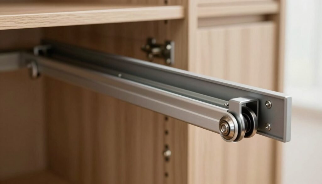 A close-up view of a sliding wardrobe door mechanism, showcasing the rollers and tracks in detail. The image should illustrate a sleek, modern design with metallic rollers gliding smoothly along a sturdy rail system. The foreground features shiny, well-engineered rollers against a blurred background of wooden wardrobe panels, emphasizing functionality and aesthetics. Soft, ambient lighting emphasizes the smooth surfaces of the metal components, while natural light spills in from a nearby window, creating a warm, inviting atmosphere. The angle should be slightly tilted to capture both the rollers and the installation setup, suggesting a hands-on approach to wardrobe assembly. The mood is professional and informative, perfect for a DIY-focused article. A close-up view of a sliding wardrobe door mechanism, showcasing the rollers and tracks in detail. The image should illustrate a sleek, modern design with metallic rollers gliding smoothly along a sturdy rail system. The foreground features shiny, well-engineered rollers against a blurred background of wooden wardrobe panels, emphasizing functionality and aesthetics. Soft, ambient lighting emphasizes the smooth surfaces of the metal components, while natural light spills in from a nearby window, creating a warm, inviting atmosphere. The angle should be slightly tilted to capture both the rollers and the installation setup, suggesting a hands-on approach to wardrobe assembly. The mood is professional and informative, perfect for a DIY-focused article.