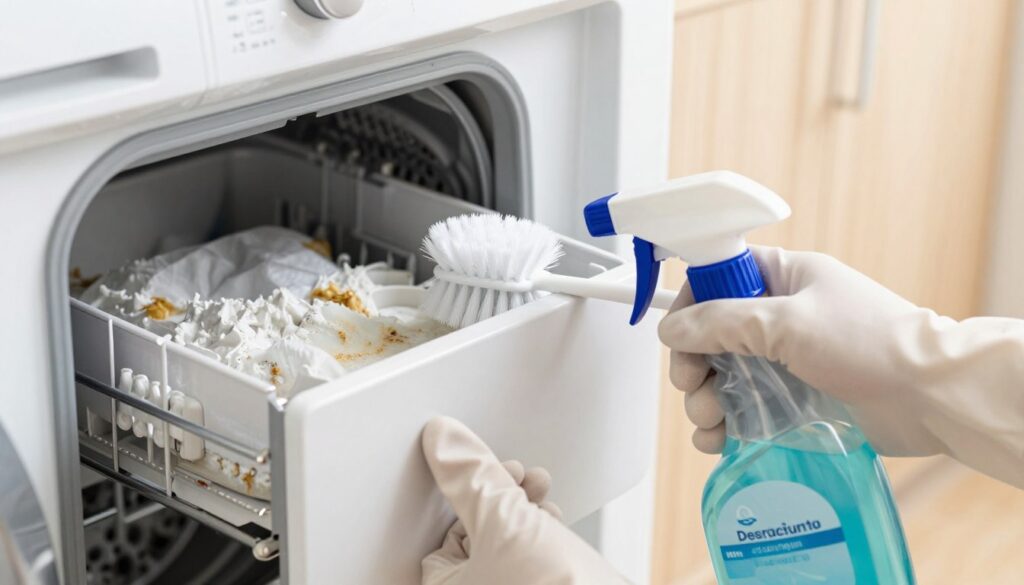 A close-up view of a washing machine detergent drawer, partially opened to reveal a build-up of limescale and detergent residue. In the foreground, show a pair of gloved hands holding a cleaning brush and a spray bottle filled with descaling solution, positioned at an angle that suggests action. The middle ground features the detergent compartment with visible stains and partially dissolved buildup. The background should be softly blurred to emphasize the cleaning process, with a faint glow of warm white light illuminating the scene to create a clean and inviting atmosphere. The image should evoke a sense of thorough cleanliness and diligence, ideal for illustrating a step-by-step cleaning method.