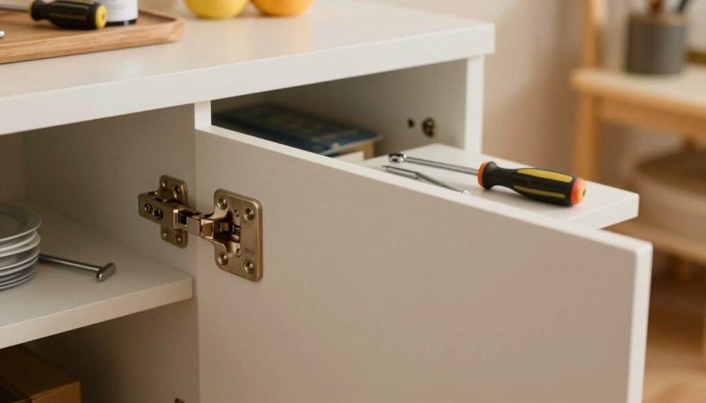 A close-up view of a well-structured cabinet door showcasing the adjustment of furniture hinges. In the foreground, focus on a pair of adjustable hinges, highlighting their intricate mechanisms, with a few tools like a screwdriver and an allen wrench placed beside them. The middle layer should feature a slightly ajar cabinet door, revealing neatly organized shelves inside, with various household items for added context. In the background, an elegant workshop setting with warm, ambient lighting, creating a cozy, industrious atmosphere. Capture the image from a slightly elevated angle, emphasizing detail in the surface textures of the cabinet and tools, while maintaining a soft depth of field for a professional look. A close-up view of a well-structured cabinet door showcasing the adjustment of furniture hinges. In the foreground, focus on a pair of adjustable hinges, highlighting their intricate mechanisms, with a few tools like a screwdriver and an allen wrench placed beside them. The middle layer should feature a slightly ajar cabinet door, revealing neatly organized shelves inside, with various household items for added context. In the background, an elegant workshop setting with warm, ambient lighting, creating a cozy, industrious atmosphere. Capture the image from a slightly elevated angle, emphasizing detail in the surface textures of the cabinet and tools, while maintaining a soft depth of field for a professional look.