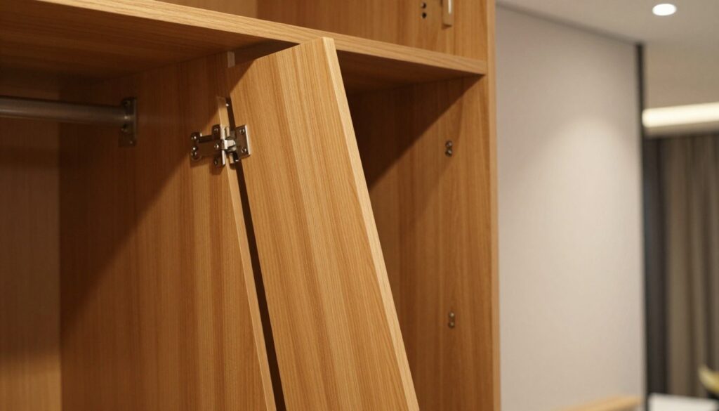 A close-up view of a wooden wardrobe door drooping slightly from its hinges, showcasing uneven gaps between the door and the frame. The background features the interior of a modern home with neutral-colored walls and soft ambient lighting, creating a warm and inviting atmosphere. The wardrobe is made of polished oak, with a subtle sheen reflecting the overhead light. The drooping door has visible hinges and mounting brackets, highlighting the need for adjustment. Shadows cast by the door's angle add depth to the scene. The focus is sharp on the door, while the background is softly blurred, emphasizing the issue of misalignment. The overall mood conveys a sense of practical home maintenance and repair. A close-up view of a wooden wardrobe door drooping slightly from its hinges, showcasing uneven gaps between the door and the frame. The background features the interior of a modern home with neutral-colored walls and soft ambient lighting, creating a warm and inviting atmosphere. The wardrobe is made of polished oak, with a subtle sheen reflecting the overhead light. The drooping door has visible hinges and mounting brackets, highlighting the need for adjustment. Shadows cast by the door's angle add depth to the scene. The focus is sharp on the door, while the background is softly blurred, emphasizing the issue of misalignment. The overall mood conveys a sense of practical home maintenance and repair.