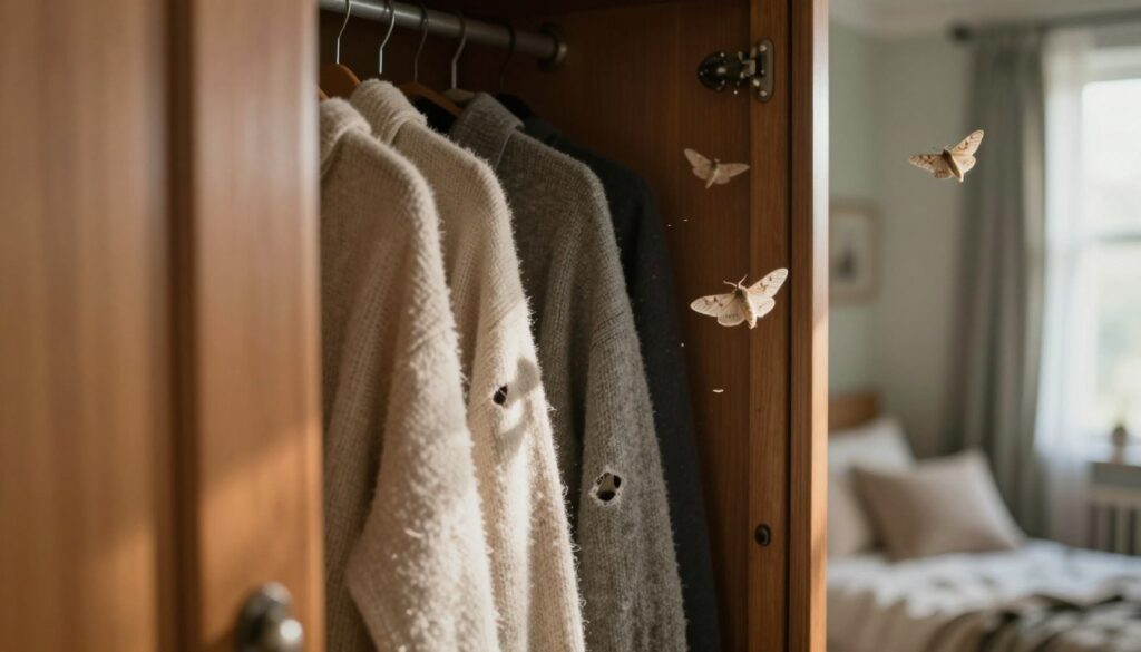 A close-up view of a wooden wardrobe with a slightly ajar door, revealing signs of moth infestation. In the foreground, delicate moths flutter around, showcasing their fine details, like wings with intricate patterns. The middle layer features a selection of woolen garments with slight holes, hinting at the damage caused by the moths. Light streams in from a nearby window, casting soft shadows and illuminating the texture of the fabrics. In the background, a cozy, homey room setting with soft muted colors enhances the atmosphere, suggesting warmth but also vulnerability to pests. The overall mood is one of tranquility mixed with a slight tension of nature's intrusion. The perspective should be at eye level, creating an intimate connection with the viewer. A close-up view of a wooden wardrobe with a slightly ajar door, revealing signs of moth infestation. In the foreground, delicate moths flutter around, showcasing their fine details, like wings with intricate patterns. The middle layer features a selection of woolen garments with slight holes, hinting at the damage caused by the moths. Light streams in from a nearby window, casting soft shadows and illuminating the texture of the fabrics. In the background, a cozy, homey room setting with soft muted colors enhances the atmosphere, suggesting warmth but also vulnerability to pests. The overall mood is one of tranquility mixed with a slight tension of nature's intrusion. The perspective should be at eye level, creating an intimate connection with the viewer.