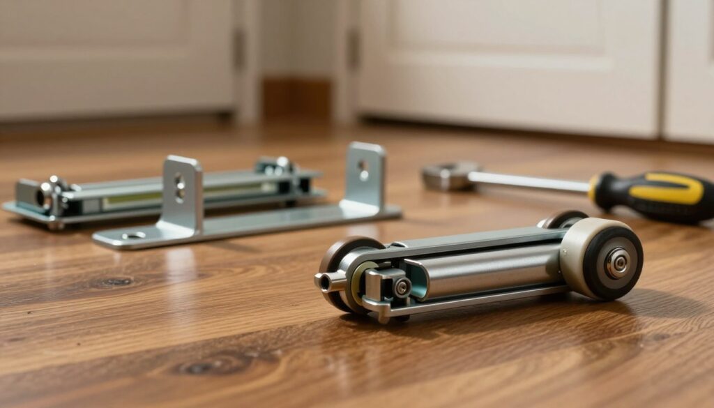 A close-up view of high-quality sliding door rollers and wheel assemblies displayed on a smooth wooden surface. In the foreground, showcase intricate details of the rollers with glistening metal and durable plastic components, highlighting their functionality. In the middle ground, arrange a few adjustable brackets and tools like a wrench and screwdriver to indicate repair and maintenance. The background features softly blurred sliding wardrobe doors, emphasizing the context without distraction. Dim, warm lighting creates a focused atmosphere, casting gentle shadows that enhance the textures of the materials. The overall mood conveys a sense of professionalism and precision, ideal for a DIY repair guide.