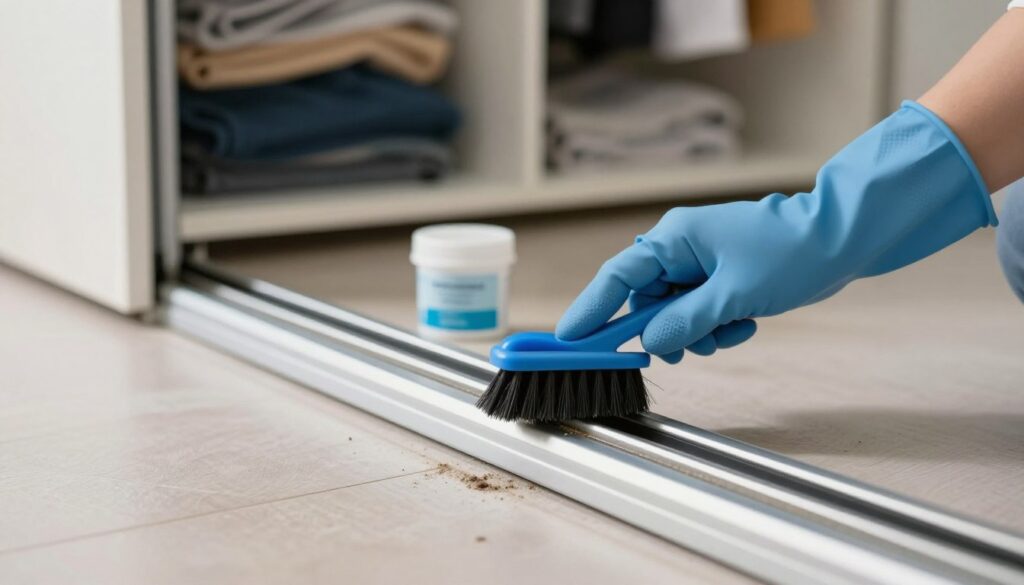 A close-up view of sliding door tracks being cleaned and lubricated, showcasing a pair of hands wearing blue rubber gloves meticulously cleaning the grooves with a brush. In the foreground, focus on the glistening metal track, highlighting any dust and grime being brushed away. In the middle, a small container of lubricant sits next to the track, emphasizing readiness for application. The background should feature a softly blurred sliding wardrobe door, partially open, revealing neatly organized clothes inside. The lighting is bright and natural, creating a clean and fresh atmosphere, evoking a sense of care and maintenance in home interiors. Use a shallow depth of field to draw attention to the cleaning process, capturing the essence of home upkeep.