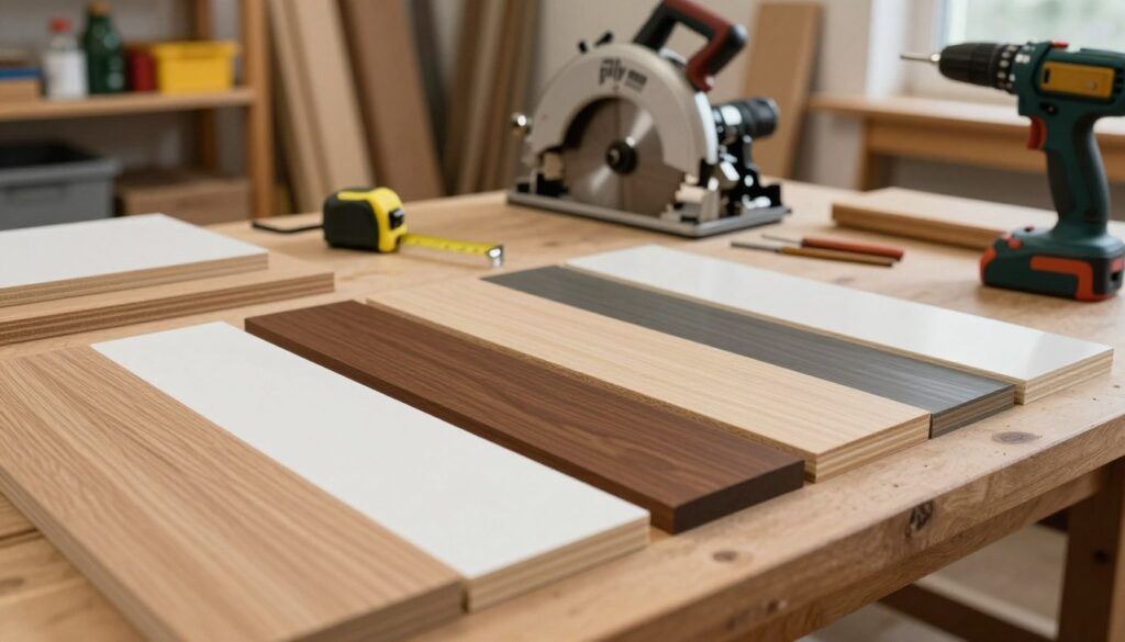 A close-up view of various types of "płyty meblowe" (furniture boards) displayed on a workshop table. In the foreground, showcase a selection of board finishes, including melamine, MDF, and plywood, highlighting their textures and colors. In the middle ground, arrange tools such as a circular saw, measuring tape, and a drill, hinting at a DIY project atmosphere. The background features a softly blurred interior of a cozy workshop with shelves filled with woodworking tools and supplies. The lighting is warm and natural, emphasizing the wood grain and colors of the boards, creating an inviting and industrious mood. The angle should be slightly tilted to enhance depth and interest.