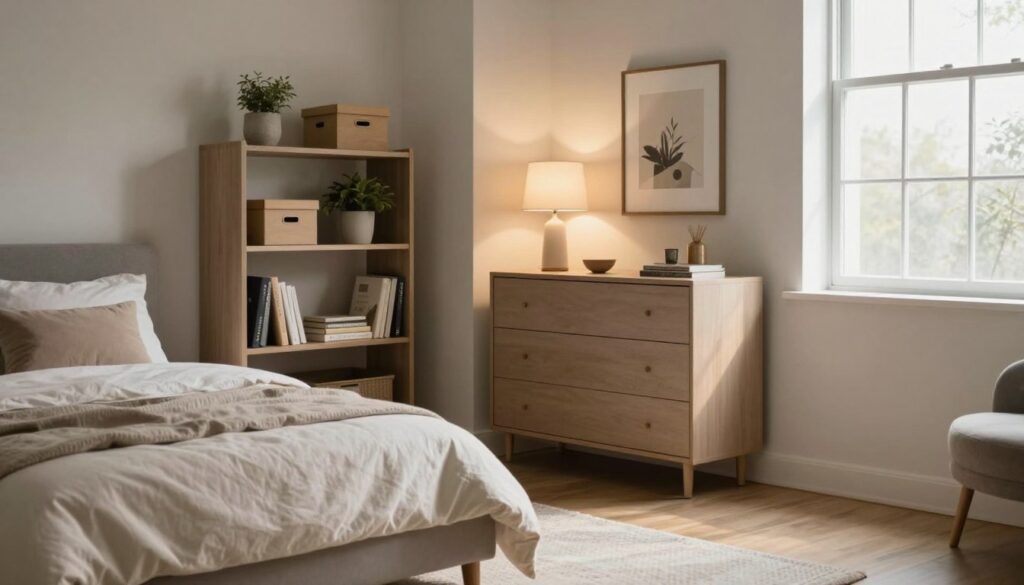 A cozy and stylish small bedroom designed for functionality, featuring innovative storage solutions instead of a traditional wardrobe. In the foreground, a neatly made bed with soft, neutral bedding sits atop a textured rug. Beside the bed, a modern shelving unit holds decorative boxes, plants, and books, showcasing alternative storage options. The middle area displays a compact dresser with an elegant lamp and framed artwork on the wall, emphasizing a minimalist aesthetic. In the background, a large window allows soft, natural light to filter in, casting gentle shadows. The mood is serene and inviting, perfect for a small living space. Photography style is soft focus, capturing the warmth and functionality of the room without clutter.