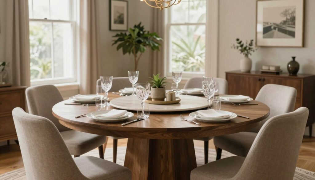 A cozy dining room featuring a round 120 cm table elegantly set for four people. The foreground displays a beautifully arranged table with tasteful place settings, including fine china and crystal glasses. In the middle, the round table is surrounded by comfortable chairs with soft cushions, allowing ample space around it for ease of movement and interaction. The background showcases a warm and inviting ambiance with soft natural light streaming through large windows, illuminating charming decor elements like potted plants and tasteful wall art. The mood is friendly and inviting, perfect for gatherings, emphasizing comfort and space. Use a neutral color palette with warm tones to enhance the inviting feel, captured from a slightly elevated angle to show the arrangement and spatial dynamics around the table. A cozy dining room featuring a round 120 cm table elegantly set for four people. The foreground displays a beautifully arranged table with tasteful place settings, including fine china and crystal glasses. In the middle, the round table is surrounded by comfortable chairs with soft cushions, allowing ample space around it for ease of movement and interaction. The background showcases a warm and inviting ambiance with soft natural light streaming through large windows, illuminating charming decor elements like potted plants and tasteful wall art. The mood is friendly and inviting, perfect for gatherings, emphasizing comfort and space. Use a neutral color palette with warm tones to enhance the inviting feel, captured from a slightly elevated angle to show the arrangement and spatial dynamics around the table.