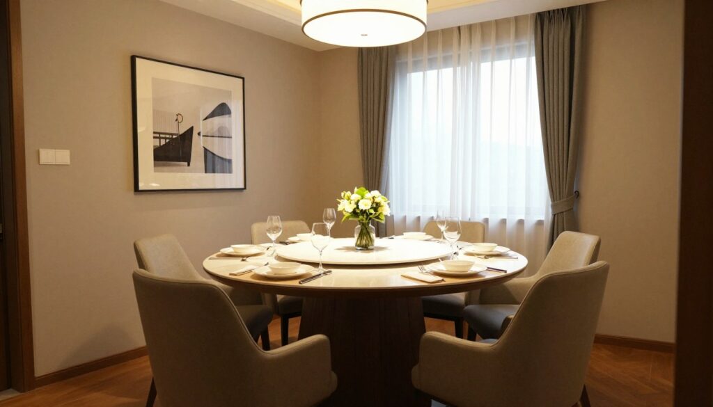 A cozy dining room featuring a round 120 cm table set for six people, styled in a warm, inviting atmosphere. The table is beautifully adorned with elegant dinnerware and a small centerpiece of fresh flowers. In the foreground, two comfortable chairs are positioned beside the table, while modern decor elements, such as artwork on the walls and soft lighting from a ceiling fixture, grace the middle ground. The background reveals a tastefully arranged window with sheer curtains, letting in soft, natural light that casts a gentle glow over the scene. The overall mood is friendly and welcoming, suitable for gatherings. The image captures the essence of a perfect dining experience, emphasizing space and comfort in a stylish setting. A cozy dining room featuring a round 120 cm table set for six people, styled in a warm, inviting atmosphere. The table is beautifully adorned with elegant dinnerware and a small centerpiece of fresh flowers. In the foreground, two comfortable chairs are positioned beside the table, while modern decor elements, such as artwork on the walls and soft lighting from a ceiling fixture, grace the middle ground. The background reveals a tastefully arranged window with sheer curtains, letting in soft, natural light that casts a gentle glow over the scene. The overall mood is friendly and welcoming, suitable for gatherings. The image captures the essence of a perfect dining experience, emphasizing space and comfort in a stylish setting.