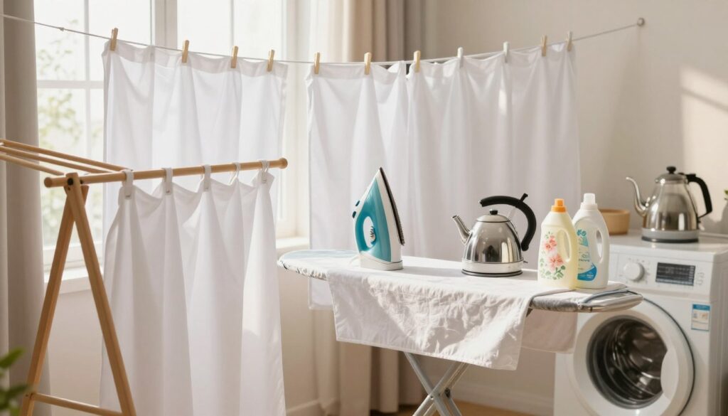 A cozy laundry room scene featuring freshly washed and neatly hung white curtain panels drying in the sunlight. In the foreground, a wooden drying rack holds gracefully draped curtains, showcasing their soft fabric texture. In the middle, an elegant iron rests on an iron board, alongside a steaming kettle and a set of beautiful floral fabric softeners, conveying the preparations for ironing. The background features soft, natural light filtering through a window, casting warm, inviting shadows that enhance the homey atmosphere. The scene embodies tranquility and warmth, conveying a sense of care and attention in preparing curtains for storage. The overall mood is serene and organized, portraying a well-kept home space dedicated to curtain care.