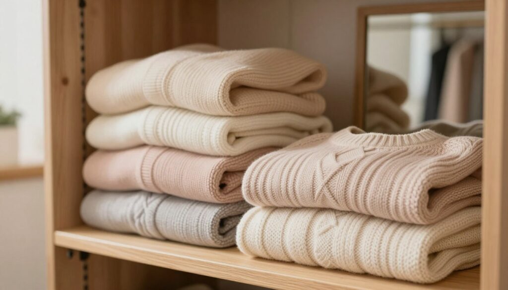 A cozy, neatly organized wardrobe filled with seasonal sweaters, focusing on the art of folding. In the foreground, a pair of neatly stacked sweaters in soft pastel colors, meticulously folded to maintain their shape, with intricate textures and patterns visible. In the middle, a wooden shelf displaying more folded sweaters in an orderly fashion, with a gentle light illuminating their textures. In the background, a softly lit room with a mirror, showcasing a warm and inviting atmosphere, accented by natural wooden elements and soft, diffused lighting that creates a serene feel. The overall mood is tranquil and tidy, reflecting a sense of domestic harmony and organization. A cozy, neatly organized wardrobe filled with seasonal sweaters, focusing on the art of folding. In the foreground, a pair of neatly stacked sweaters in soft pastel colors, meticulously folded to maintain their shape, with intricate textures and patterns visible. In the middle, a wooden shelf displaying more folded sweaters in an orderly fashion, with a gentle light illuminating their textures. In the background, a softly lit room with a mirror, showcasing a warm and inviting atmosphere, accented by natural wooden elements and soft, diffused lighting that creates a serene feel. The overall mood is tranquil and tidy, reflecting a sense of domestic harmony and organization.