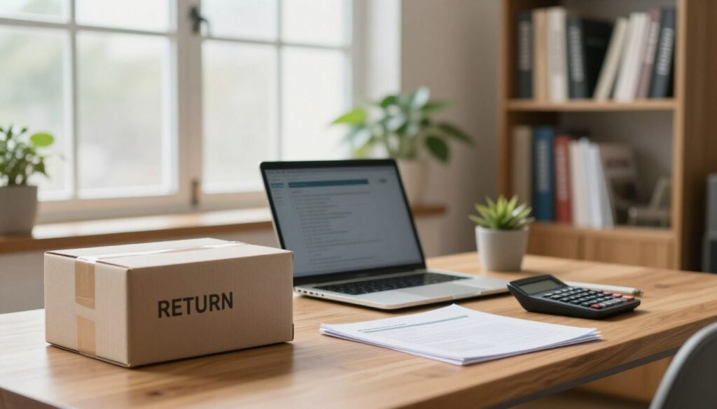 A cozy, organized home office with a wooden desk displaying a laptop, calculator, and documents related to online shopping returns. In the foreground, a neatly packed box labeled for return shipping sits beside the laptop. The middle ground features a large window allowing soft, natural daylight to illuminate the room, highlighting the warm wooden tones and a potted plant for a touch of green. In the background, a bookshelf filled with business and finance books adds a scholarly touch. The atmosphere is calm and professional, evoking a sense of financial savvy and careful budgeting. Use a shallow depth of field to softly blur the background, keeping the focus on the desk setup.