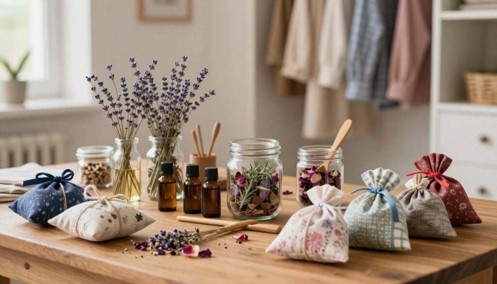 A cozy scene depicting an assortment of homemade scented sachets filled with natural ingredients like dried lavender, rose petals, and cedar chips. In the foreground, a beautifully arranged wooden table showcases various colorful fabric sachets, some tied with twine and others with decorative ribbons. The middle of the image features glass jars filled with essential oils, fresh herbs, and the tools for creating these natural blends, highlighting the process of making them. In the background, a softly lit wardrobe with open doors reveals neatly hung clothing infused with these delightful aromas. The overall mood is warm and inviting, with soft, natural lighting creating a sense of comfort and tranquility, reminiscent of a serene home environment.