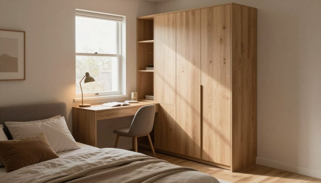 A cozy small room elegantly arranged with essential furniture. In the foreground, a neatly made bed with soft, neutral-toned bedding is positioned against one wall, complemented by a small bedside table. Adjacent to the bed, a compact desk with a stylish lamp and a comfortable chair creates a functional workspace. The middle ground features a modern wardrobe, crafted from light wood, with subtle decorative touches that enhance the ambiance. In the background, a window lets in warm, natural light, casting gentle shadows that create a serene atmosphere. Soft color palettes and strategic furniture placement optimize the room's space, showcasing clever storage solutions and open pathways for easy movement. The scene is captured from a slightly elevated angle to emphasize depth and functionality. The overall feel exudes a blend of comfort and sophistication, ideal for modern living.