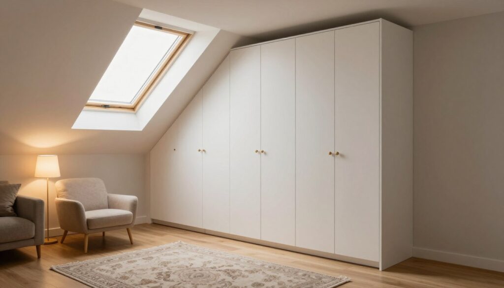 A cozy, well-designed attic space featuring a sleek, modern wardrobe built into the sloped ceiling. The wardrobe has a smooth, white finish and is adorned with elegant knobs, seamlessly integrated into the architecture of the room. In the foreground, a stylish area rug adds warmth to the wooden floor. To the left, a small sitting area with a comfortable chair and a floor lamp, casting a warm, inviting light. The background showcases Velux windows allowing natural light to pour in, illuminating the soft, neutral color palette of the room. The atmosphere is tranquil and functional, emphasizing the practical solutions of utilizing space in an unconventional attic layout. The image is captured from a slightly elevated angle, giving a clear view of the wardrobe and the cozy setting.