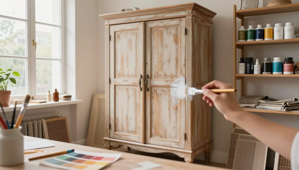 A cozy workshop environment featuring an elegantly restored wooden wardrobe, showcasing various stages of renovation techniques. In the foreground, a close-up of a hand applying chalk paint to a carved detail, with paintbrushes and color swatches nearby. In the middle, the beautifully refinished wardrobe stands transformed with a distressed finish, complemented by decorative accents like vintage handles. In the background, shelves are lined with tools, varnishes, and fabric samples, bathed in warm, natural light coming from a large window, creating a welcoming and inspiring atmosphere. The image conveys creativity and craftsmanship, illustrating the art of furniture revival at low cost.
