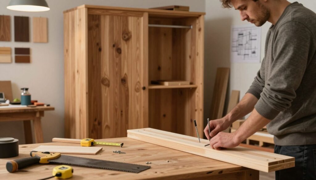 A cozy workshop setting showcasing the step-by-step assembly of a rustic wooden wardrobe. In the foreground, a craftsman in modest casual clothing carefully joins wooden planks using clamps and screws, focused on precision. The middle ground features a partially constructed wardrobe with visible wooden textures, showcasing different shades of natural wood. Surrounding tools, such as a saw and measuring tape, are neatly arranged nearby. In the background, soft, warm lighting emanates from overhead lamps, creating an inviting ambiance. The walls are adorned with various wood samples and blueprints, enhancing the workshop atmosphere. This scene captures a tranquil yet industrious mood, emphasizing craftsmanship and attention to detail.